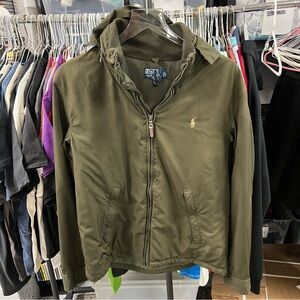 Polo Ralph Lauren Jacket Men Sz M Army Olive Green Softshell Fleece Lined Hood